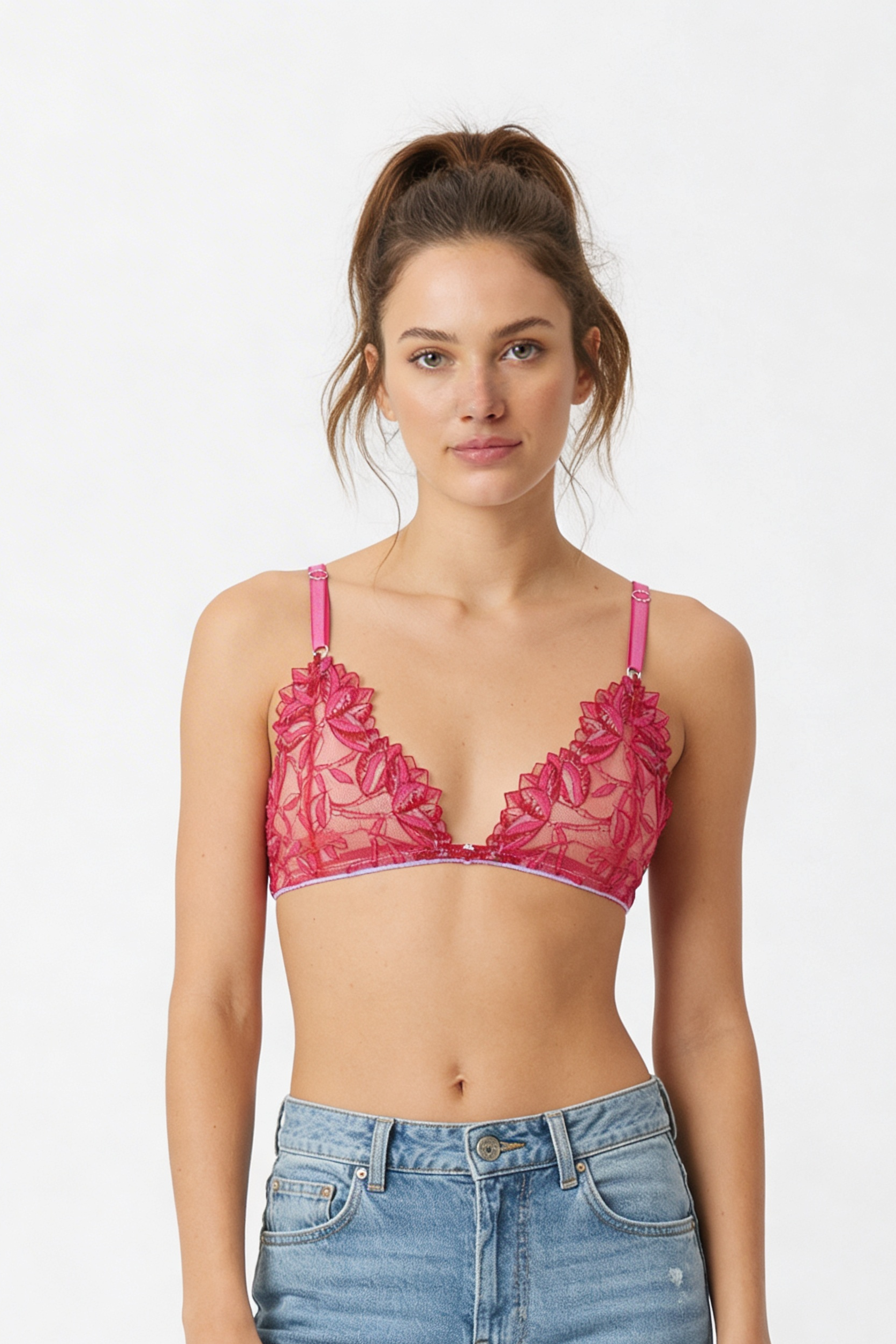 Red Flower Print Lace Bralette